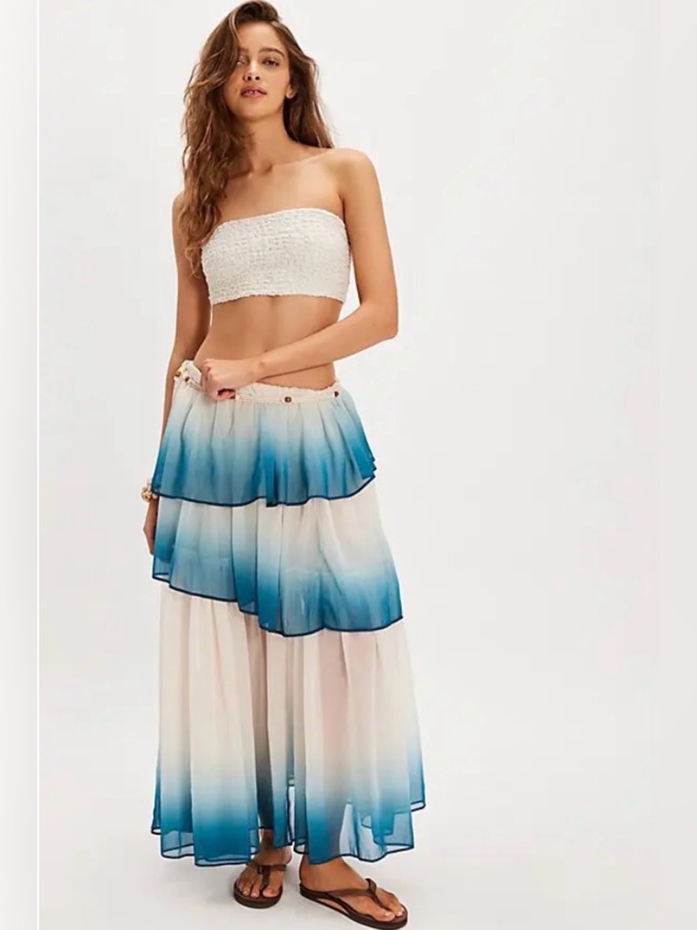 Free People Dip Into The Tiers Maxi Skirt Tie Ruffled Blue Ivory Combo XS $298